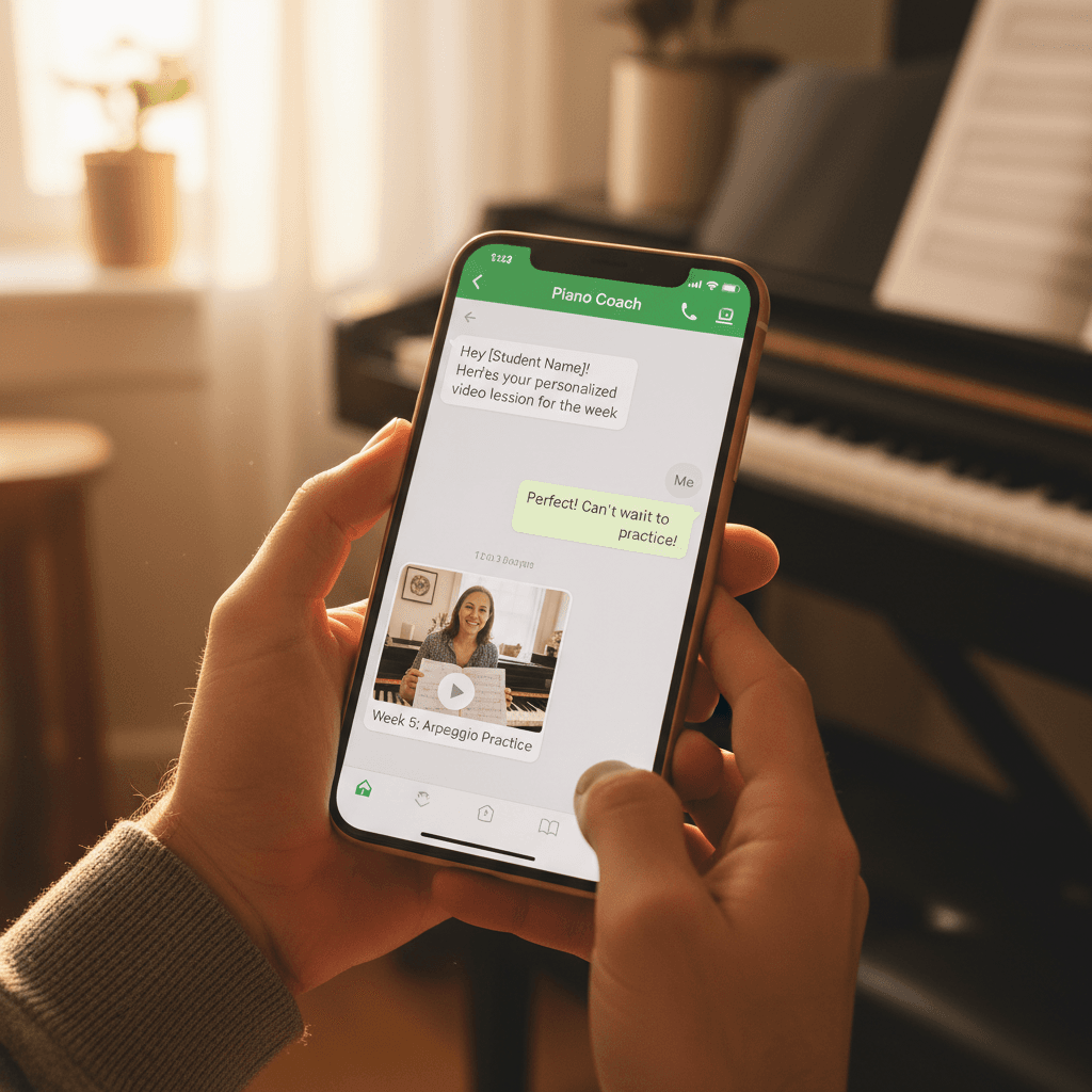WhatsApp screen showing personalized video lesson from piano coach