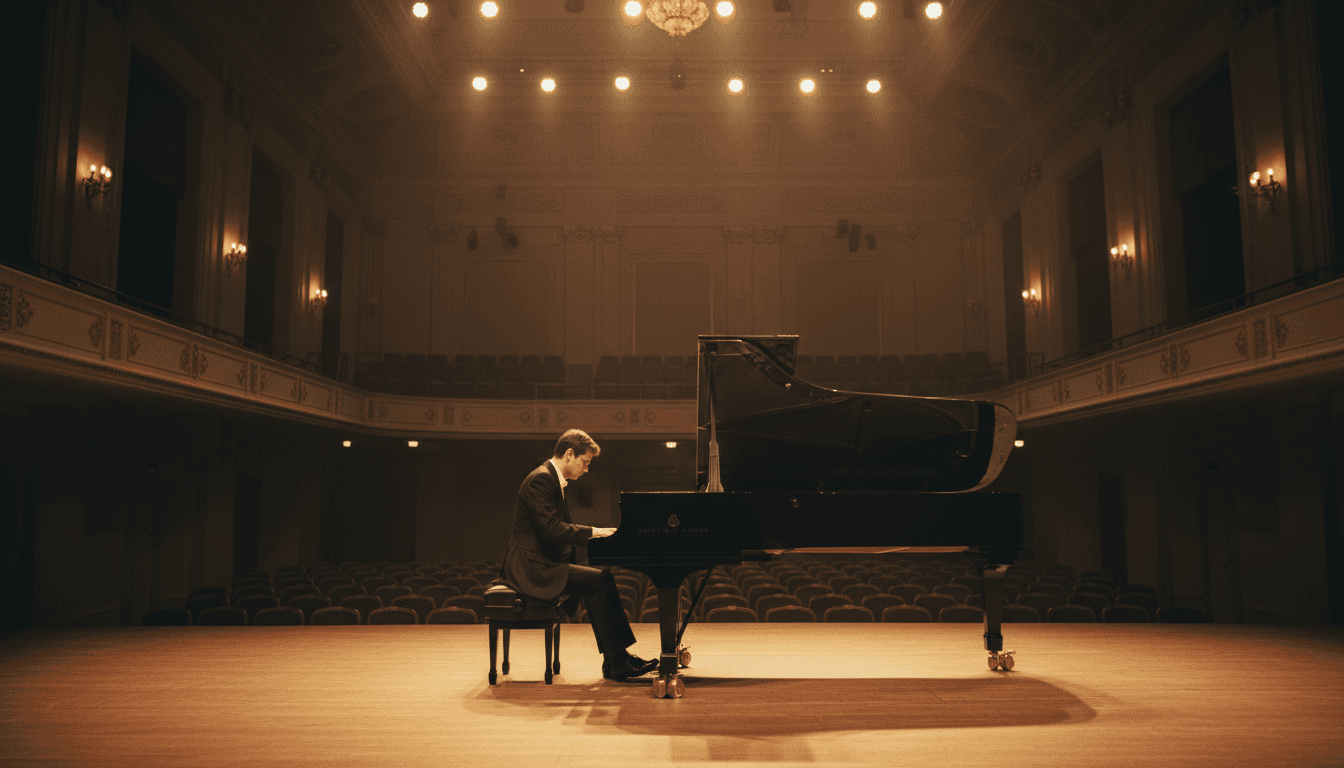 Pianist performing on grand piano with focused concentration and natural hand positioning