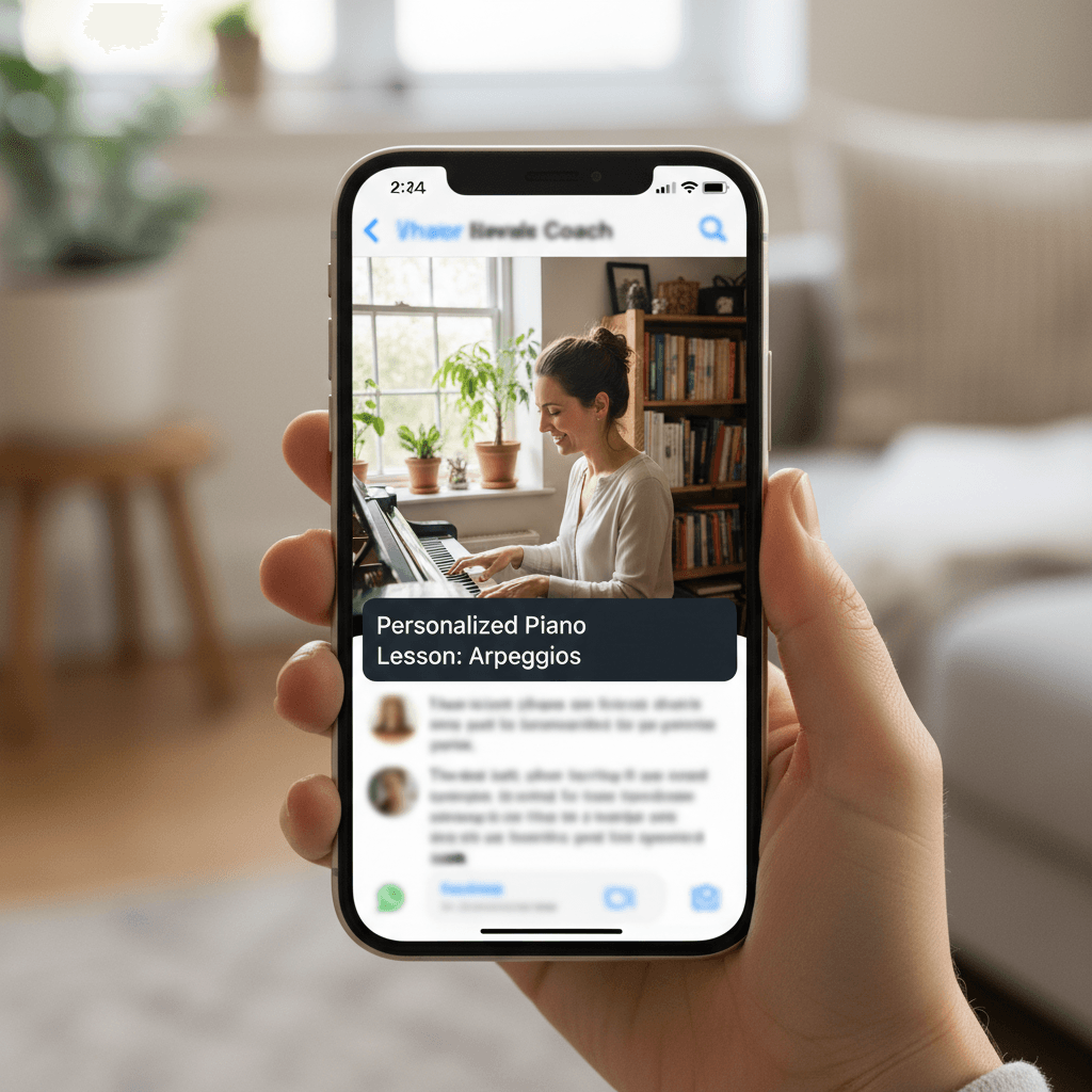 Smartphone screen with video lesson from piano coach on WhatsApp interface