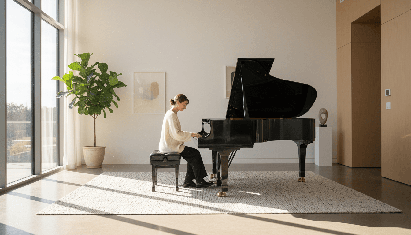 Person playing piano in a bright, modern room with warm natural light