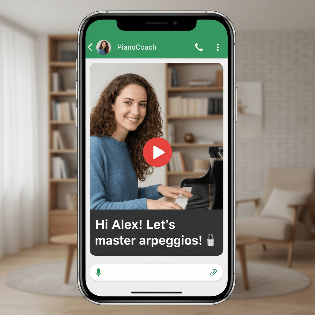 Smartphone showing piano lesson video on WhatsApp in a home setting