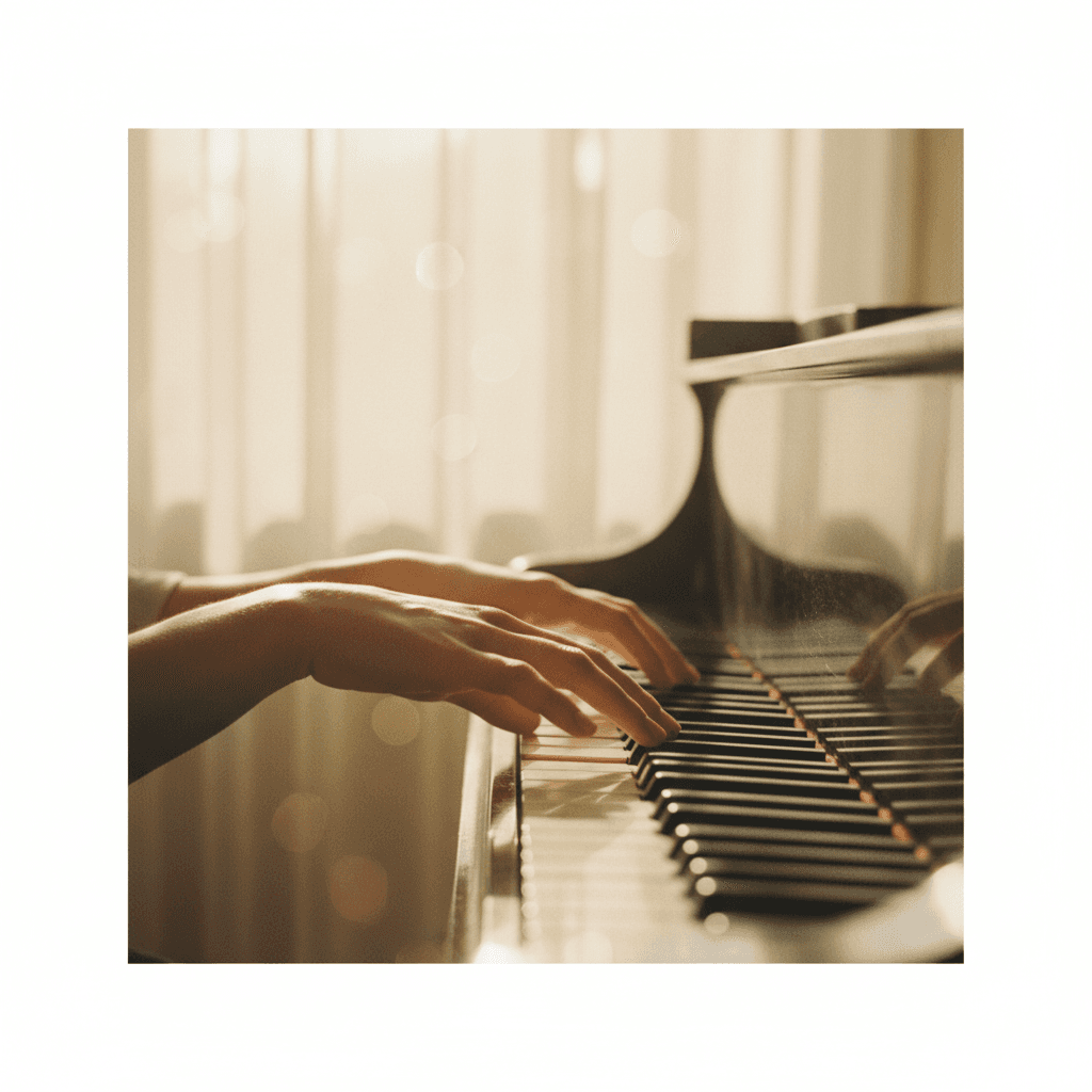 Hands playing piano keys with soft natural light