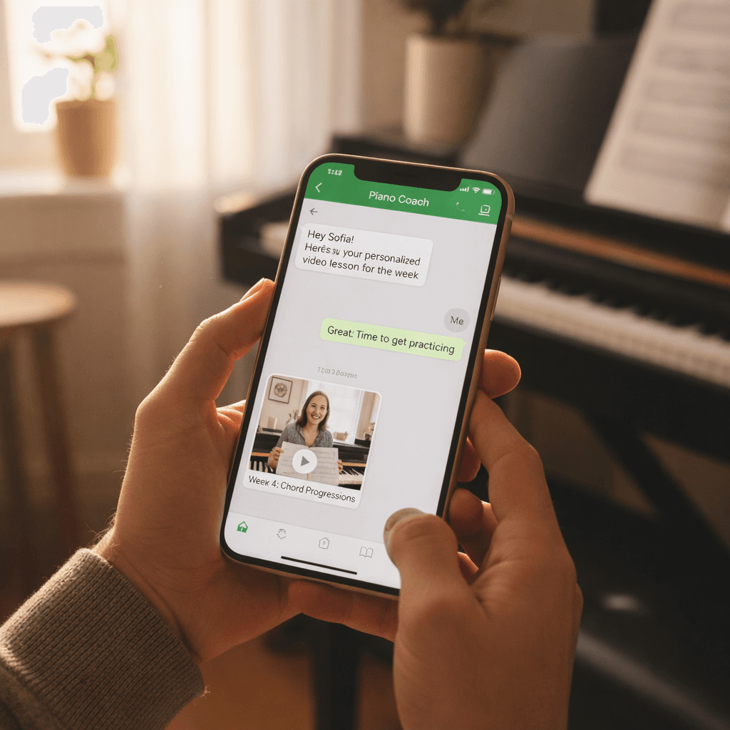 Hands holding a smartphone displaying a piano lesson message and video thumbnail near a piano.